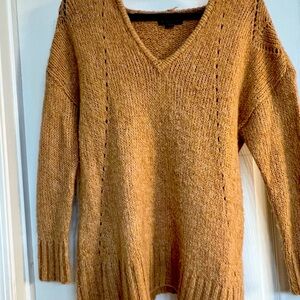 Mustard/tan V-Neck hooded wool blend sweater Straight Cut oversized fit